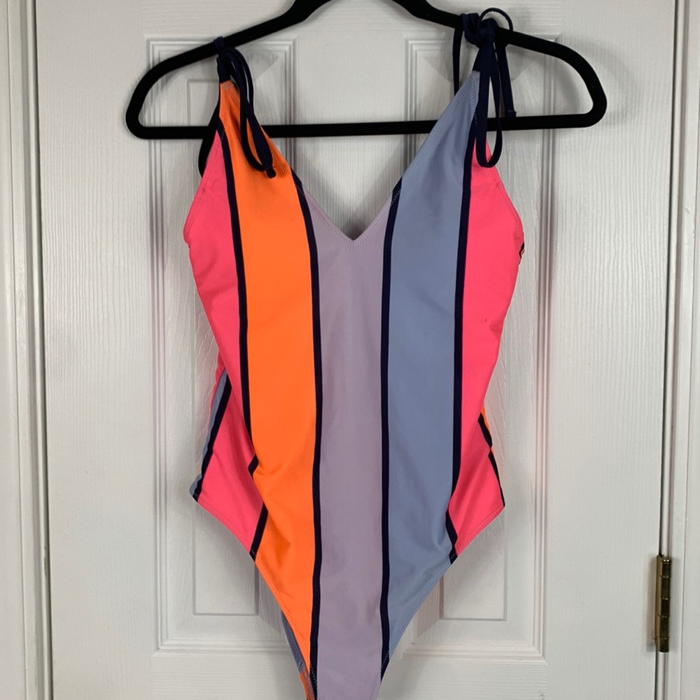 Aerie multi colored striped 1 pc. Swimsuit Size S/P. Black adjustable straps
